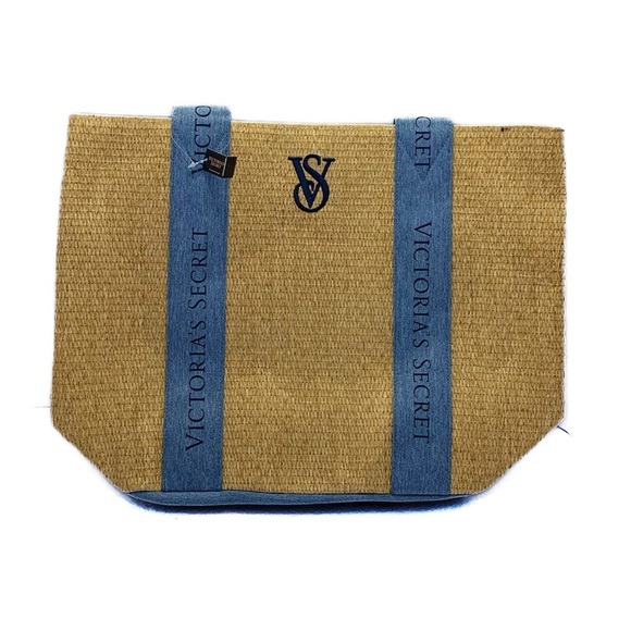 Victoria's Secret Large Weekender Straw Beach Tote Bag Blue Logo Travel Bag - Picture 7 of 9